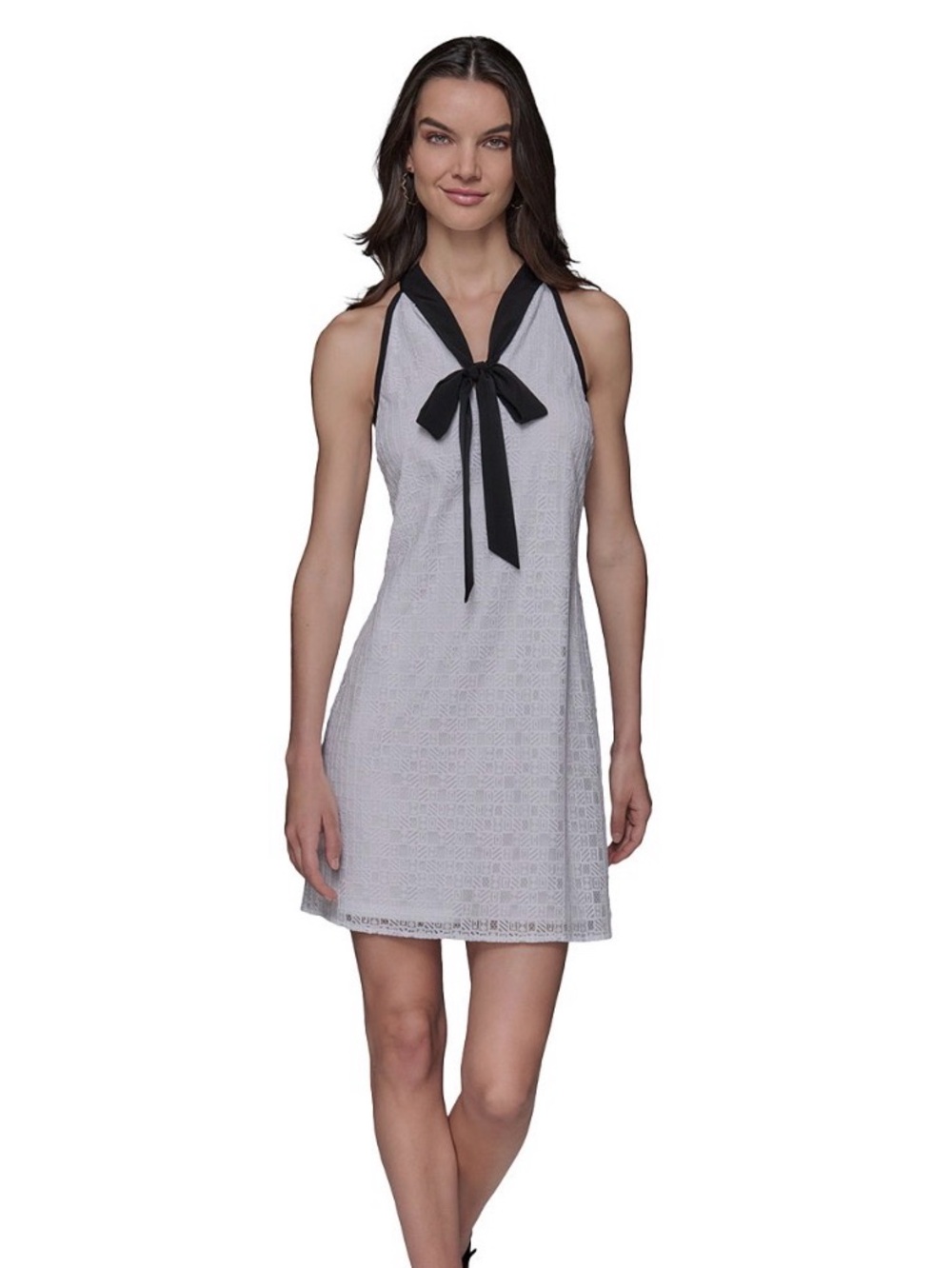 Karl Lagerfeld White Lace Dress with Black Tie-Neck